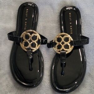 Kelly & Katie Glossy Black Sandals with Gold Detail